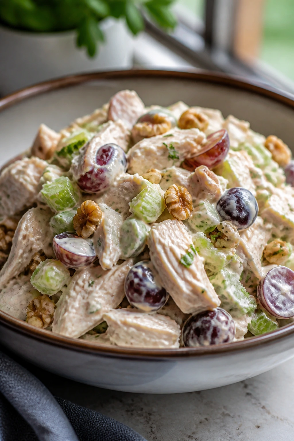 Creamy Greek yogurt chicken salad in a bowl with celery and grapes