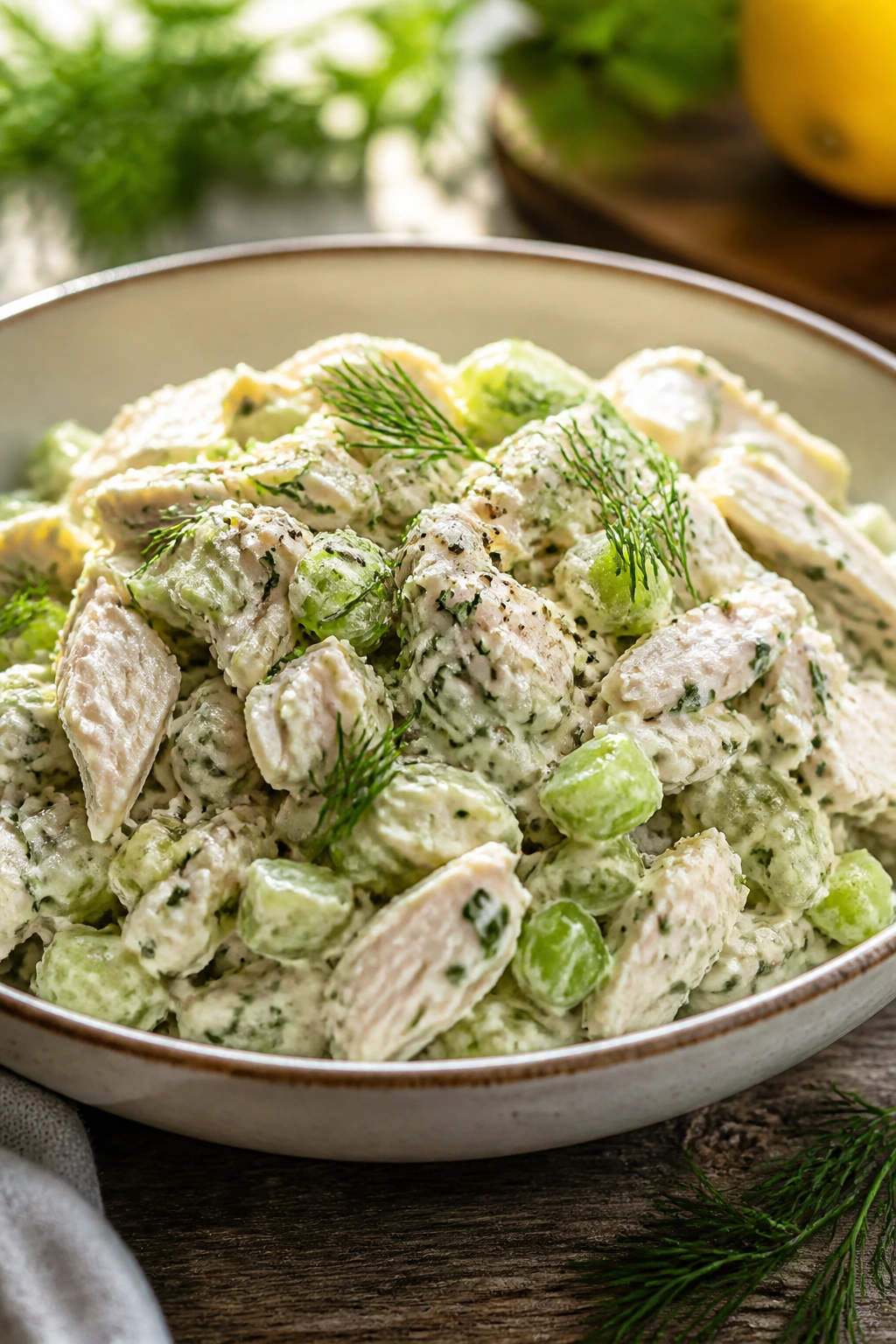 Close-up of herbaceous chicken salad in a bowl on wooden table