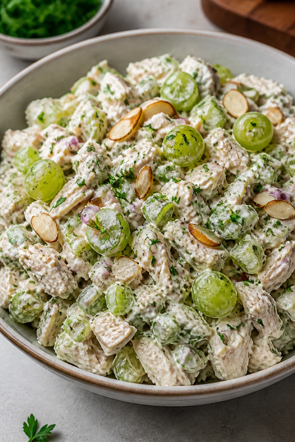 Close-up of chicken salad with celery, grapes, onion, almonds, and herbs in a bowl
