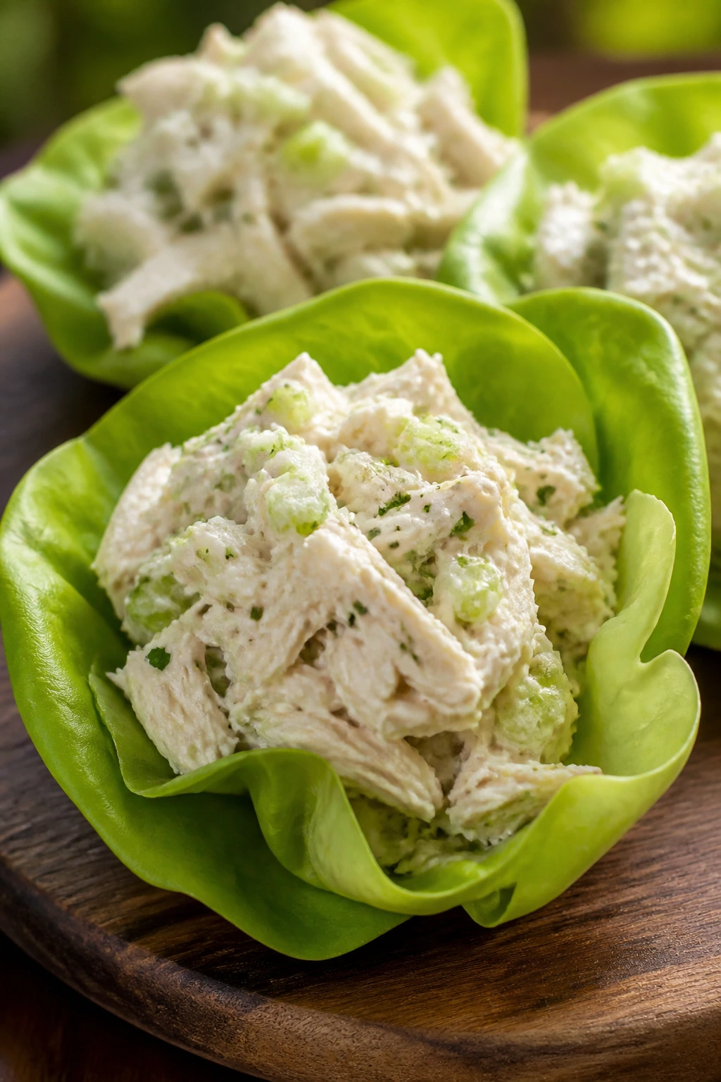 Creamy chicken salad in butter lettuce cups on a rustic board outdoors