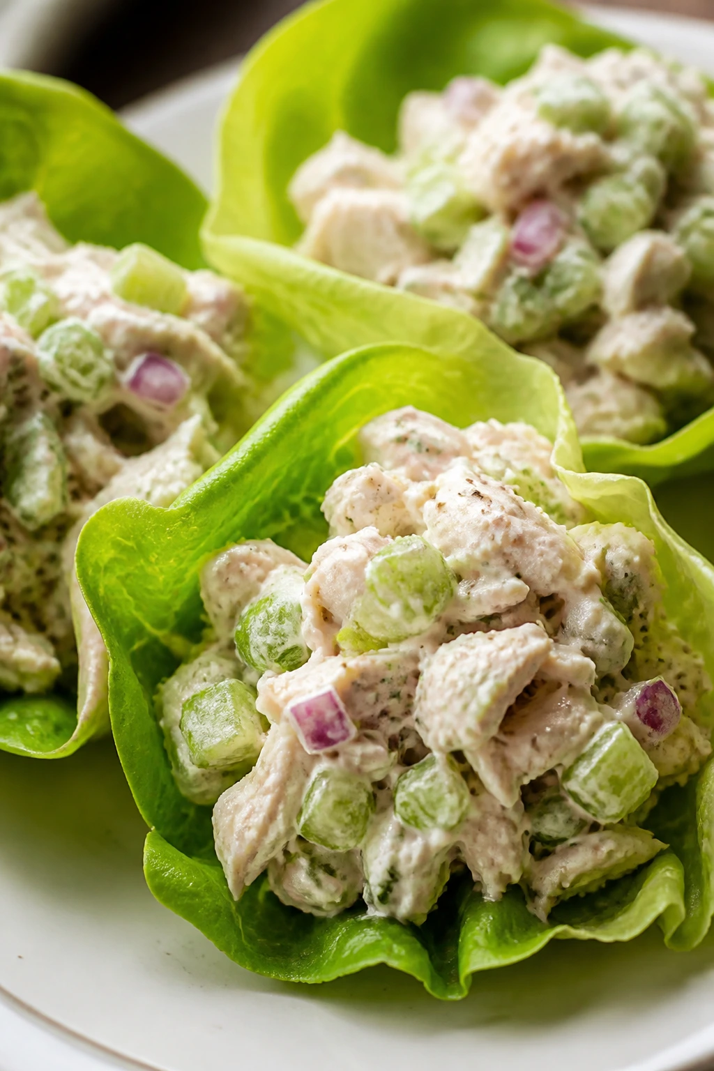Lettuce cups filled with Greek yogurt chicken salad