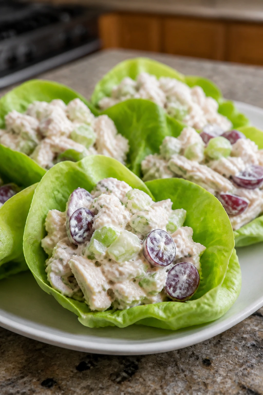 Lettuce cups filled with Greek yogurt chicken salad