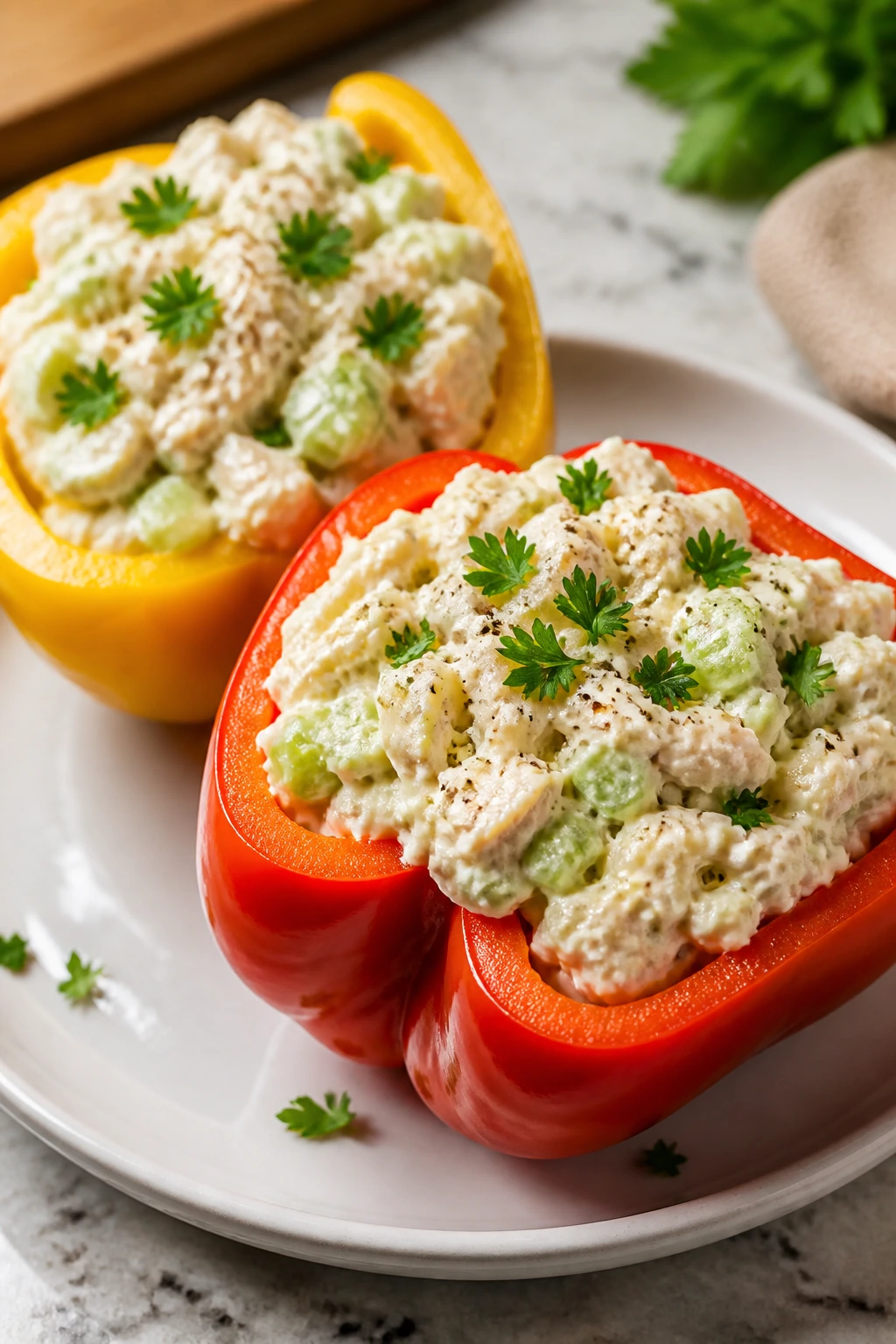 Two stuffed bell peppers filled with chicken salad on a plate