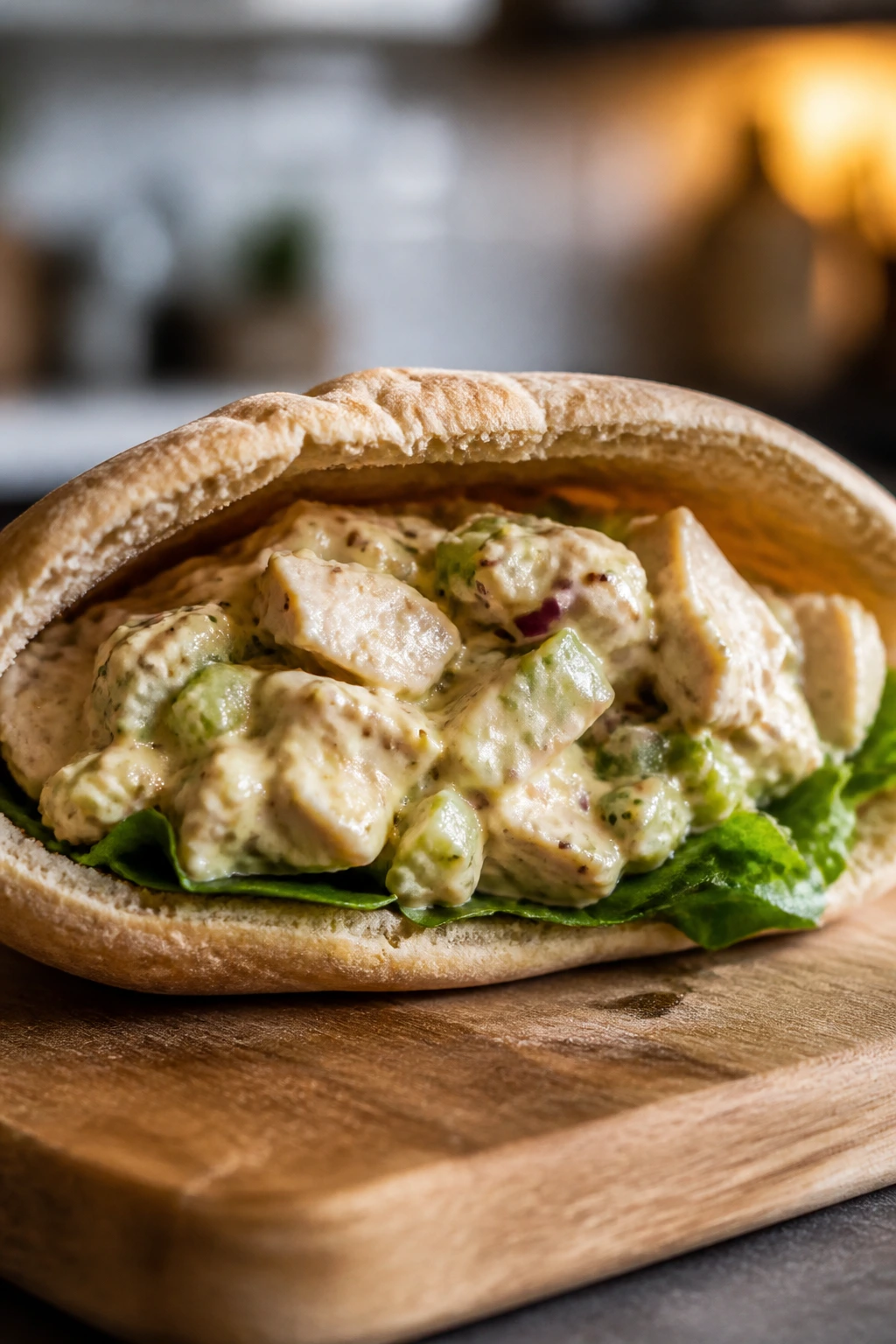 Close-up of honey mustard chicken salad in a pita pocket