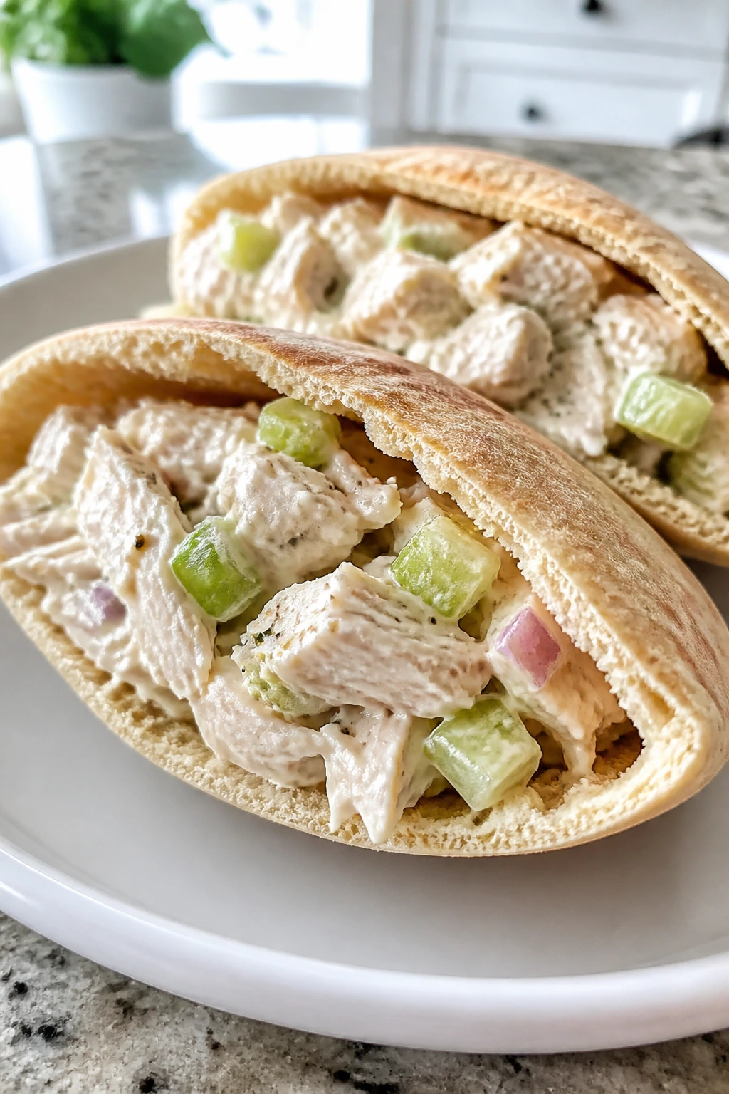 Close-up of a chicken salad-filled pita pocket on a plate