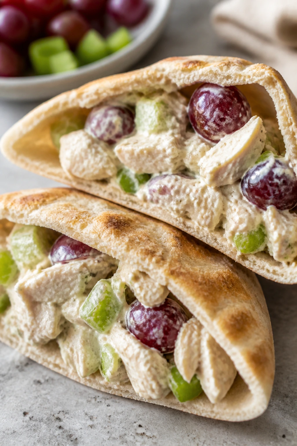 Creamy chicken salad in pita pockets visible with celery and grapes