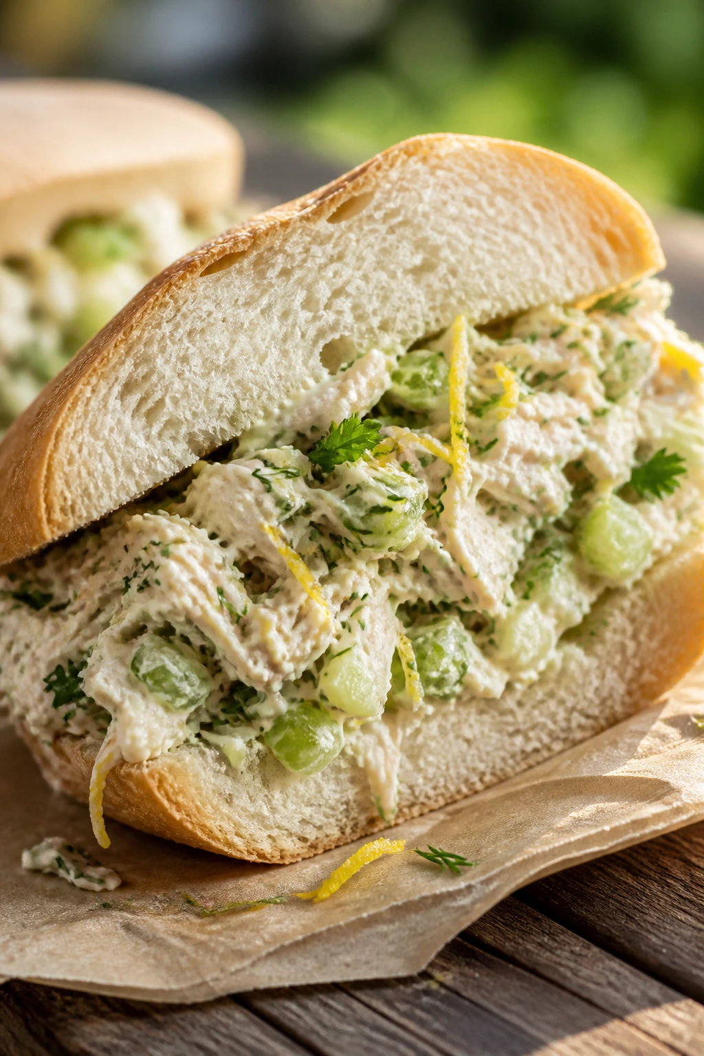 Close-up of a lemon-herb chicken salad sandwich half on soft bread, showing celery and herbs.