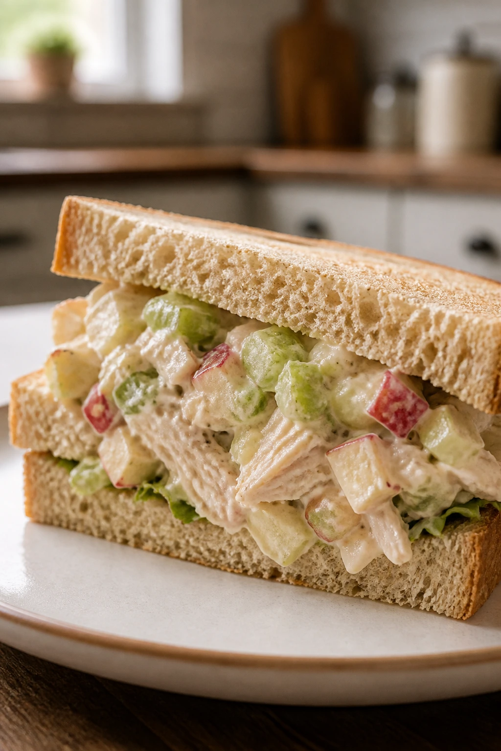 Sandwich half with creamy chicken salad filling