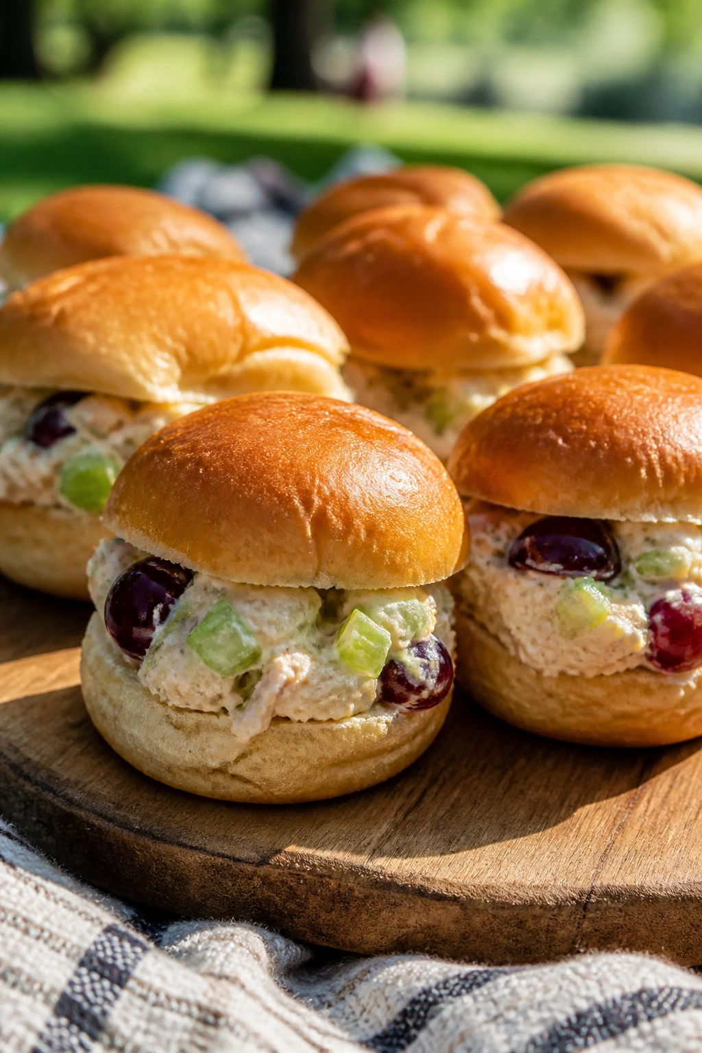 Close-up of chicken salad slider bites on a wooden board at a sunny picnic.