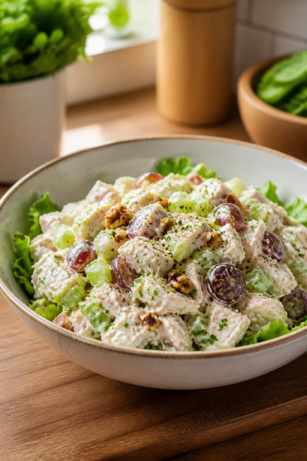 Close-up of a chicken salad bowl in a bright kitchen, captured like a quick snapshot