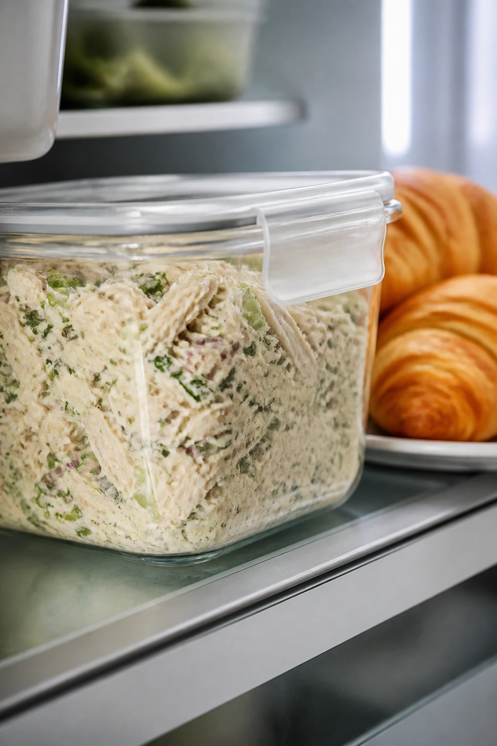 Airtight container of chicken salad in the fridge