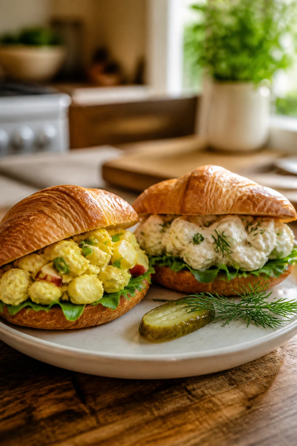 Two croissant sandwiches with different fillings on a plate