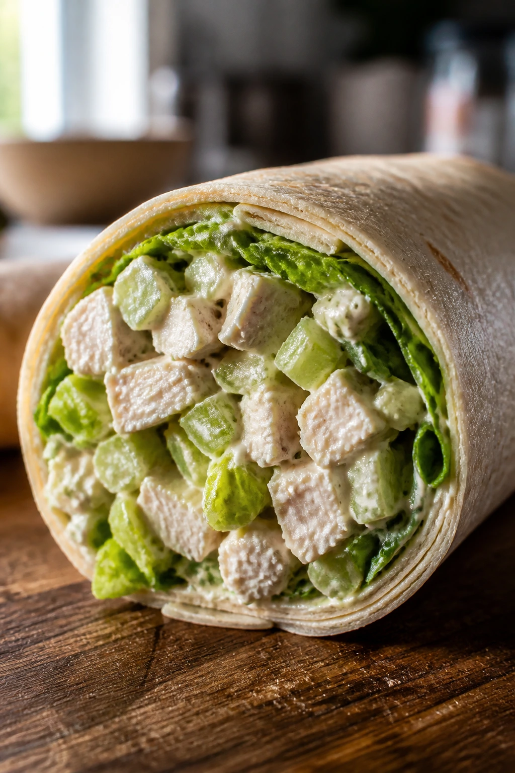 Close-up of a chicken salad wrap showing diced chicken, celery, romaine on a wooden cutting board