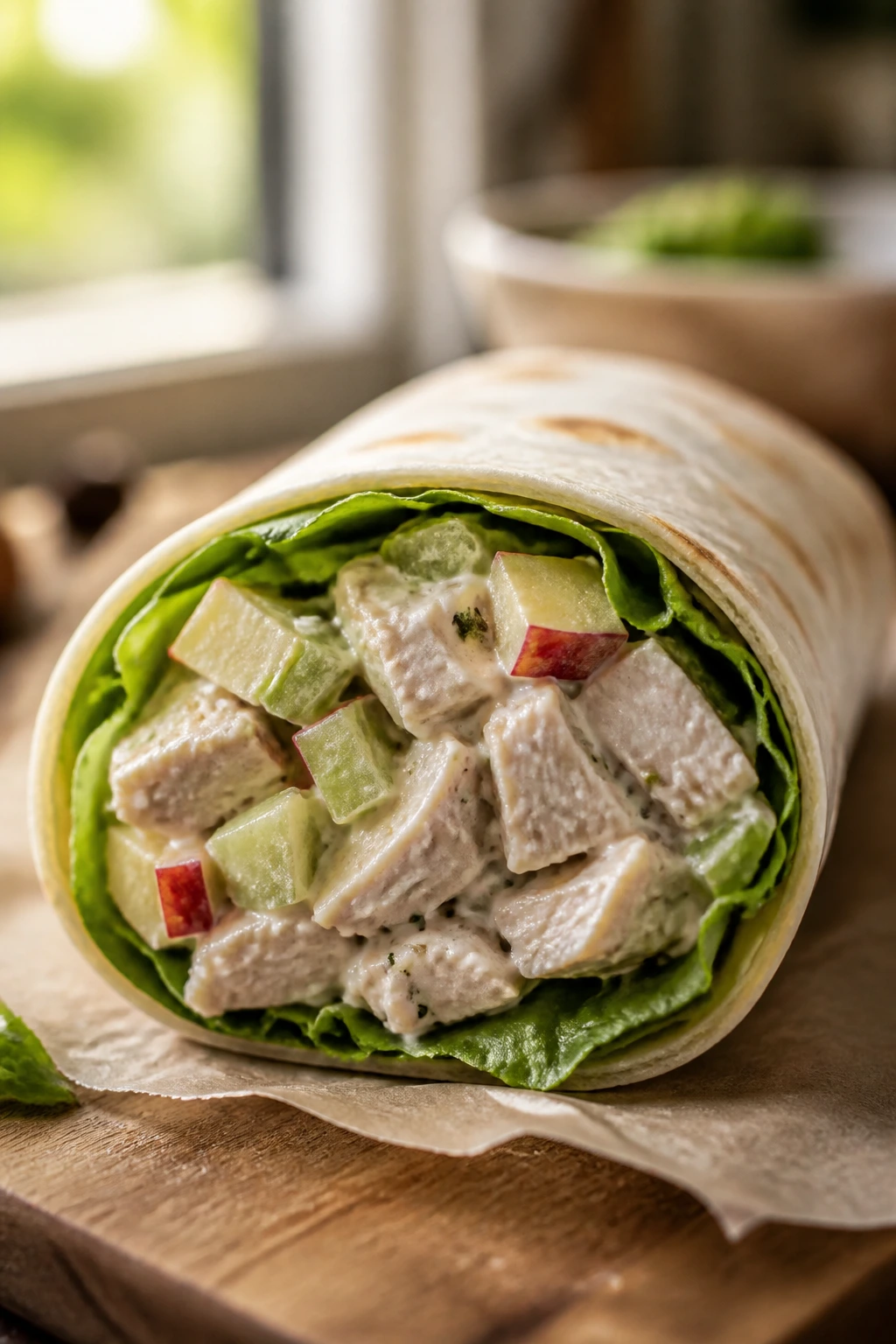 Close-up of a crisp chicken salad wrap showing chunky chicken and crunchy veggies