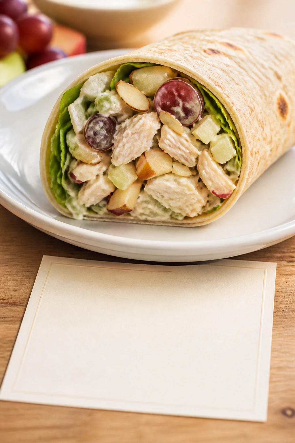 Close-up of a crisp chicken salad wrap with a blank recipe card beneath on a wooden table