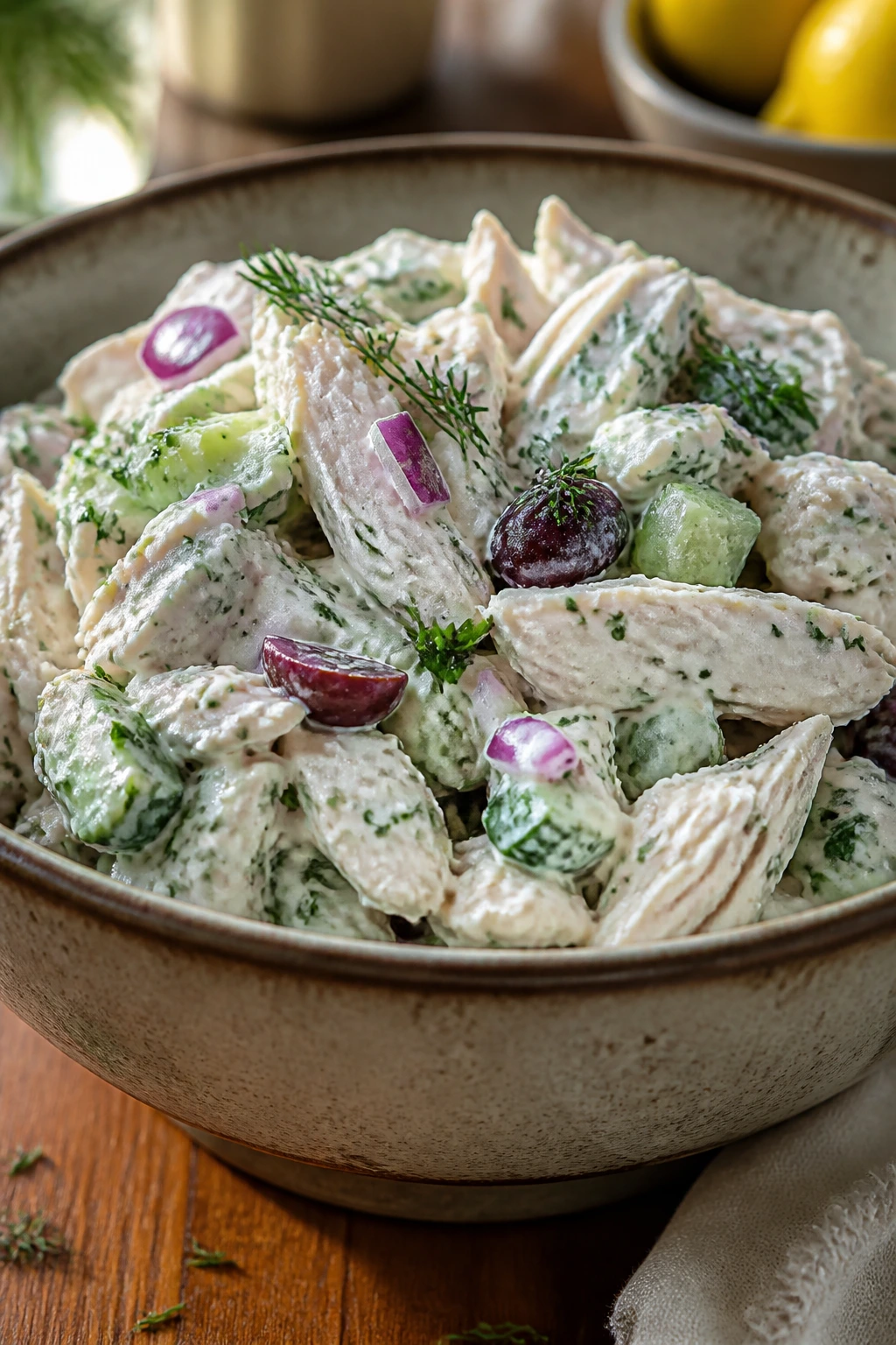 Close-up of creamy Greek yogurt chicken salad in a rustic bowl on a wooden table