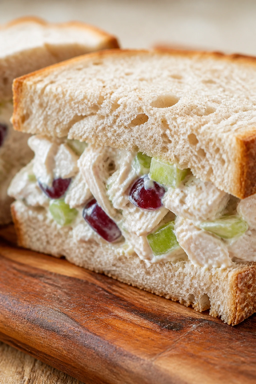 Close-up of a chicken salad sandwich half showing creamy filling with Greek yogurt