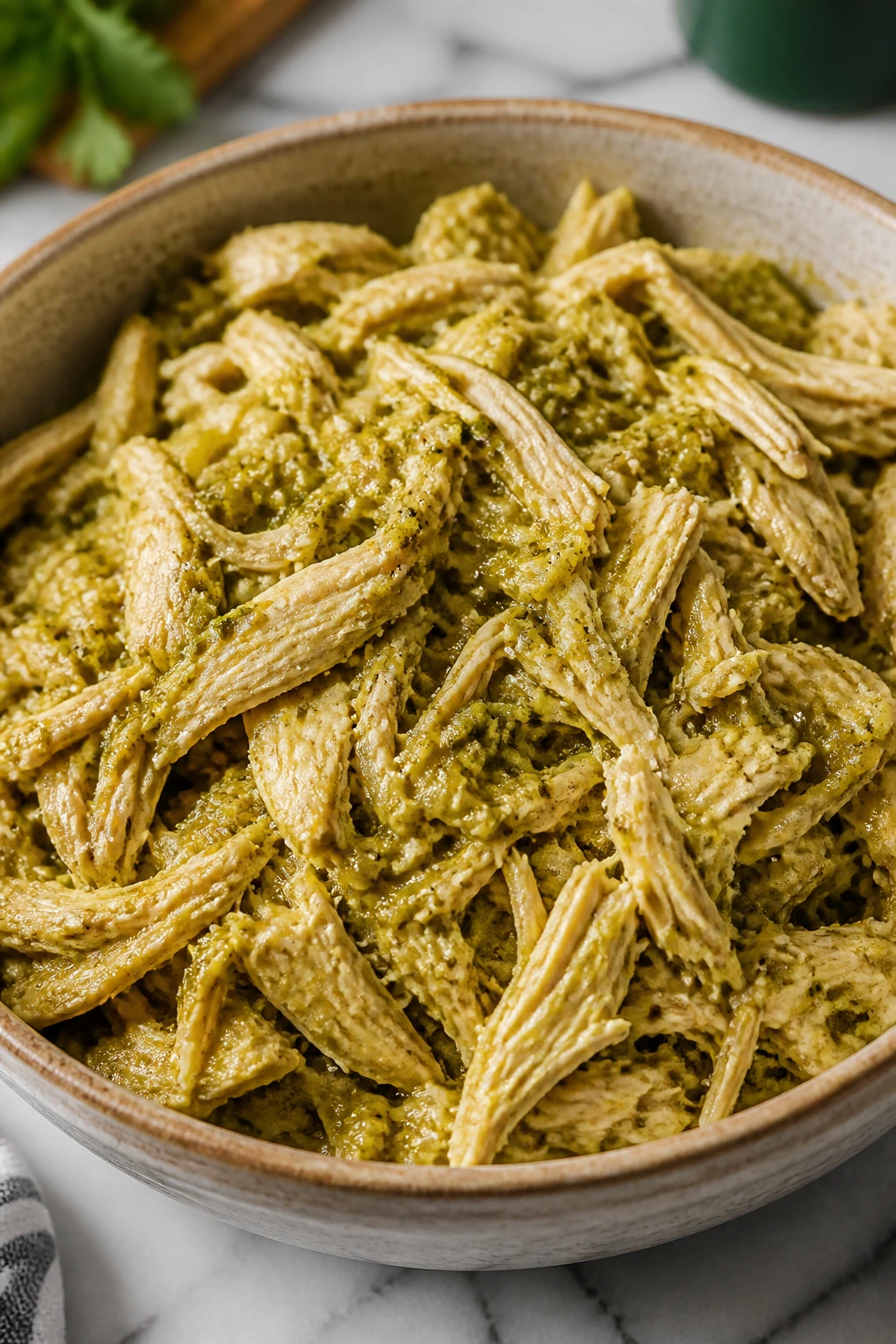 Close-up of shredded chicken in bright salsa verde