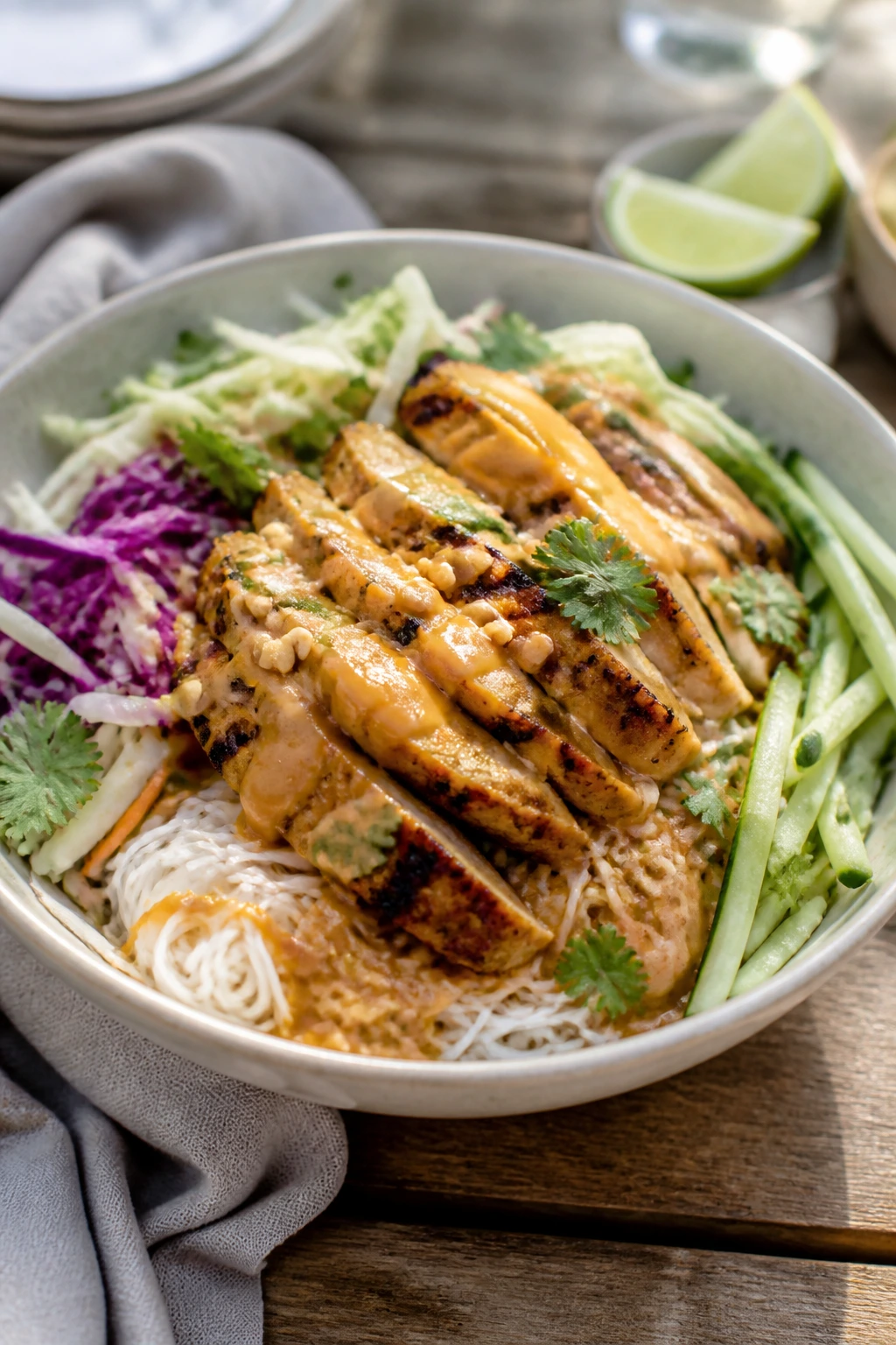 Bowl of chicken satay rice noodle salad with vegetables