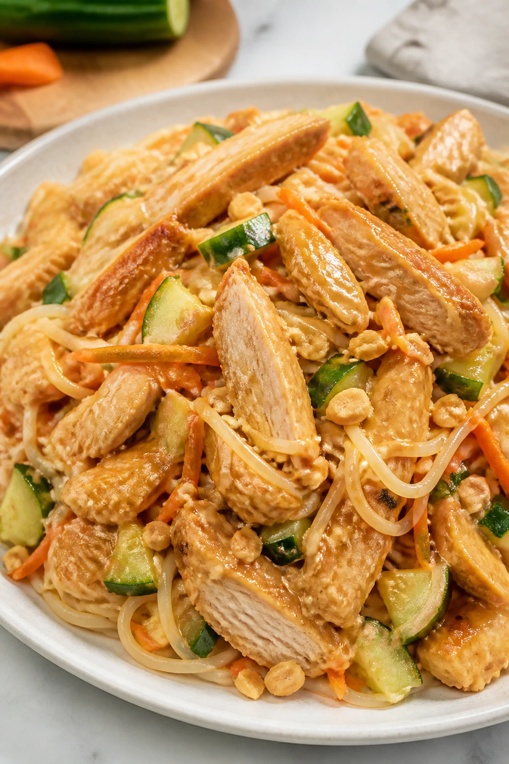 Close-up of chicken satay noodle salad with peanut sauce.