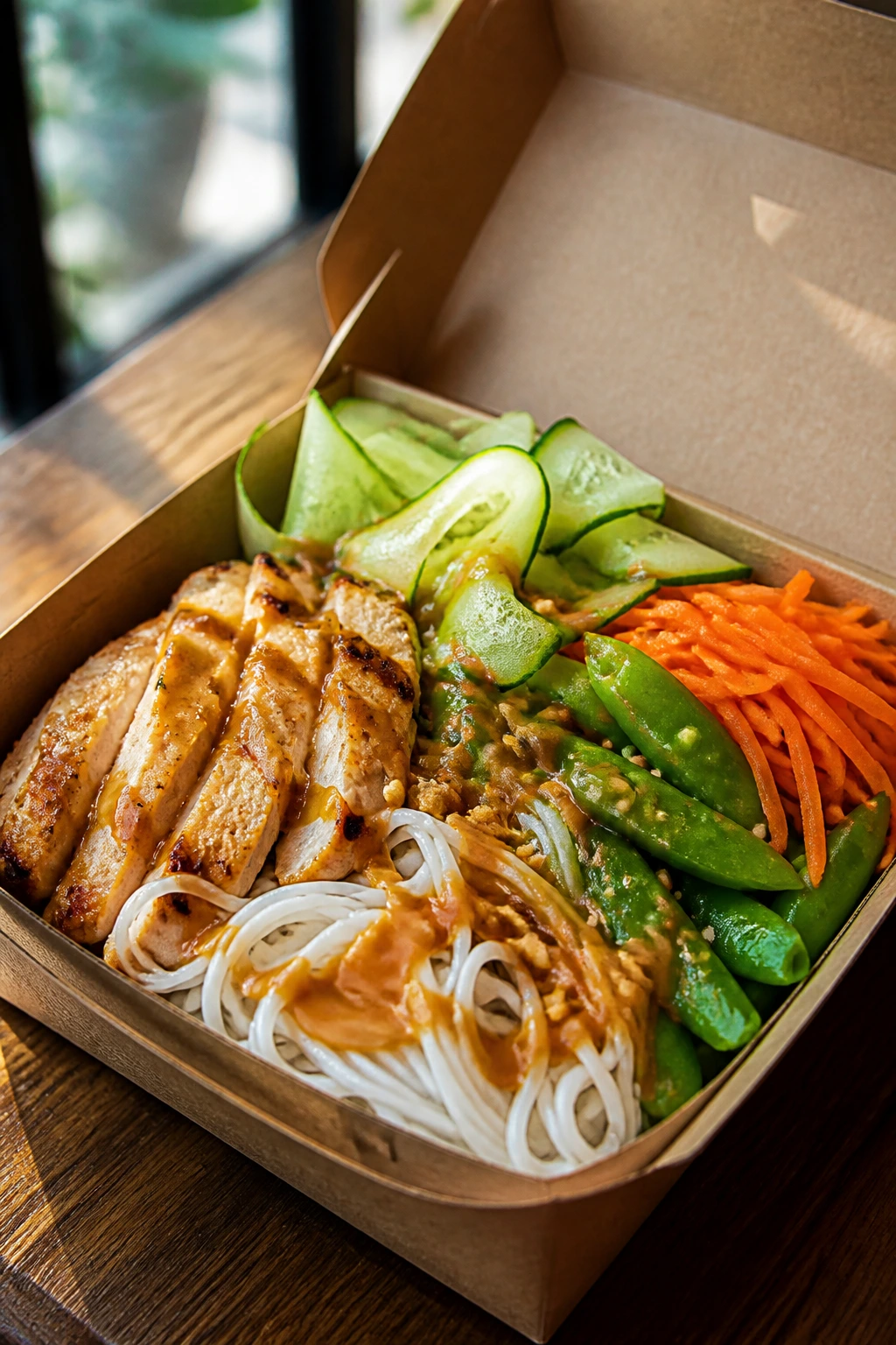 Close-up of chicken satay noodle box with veggies on a cafe table
