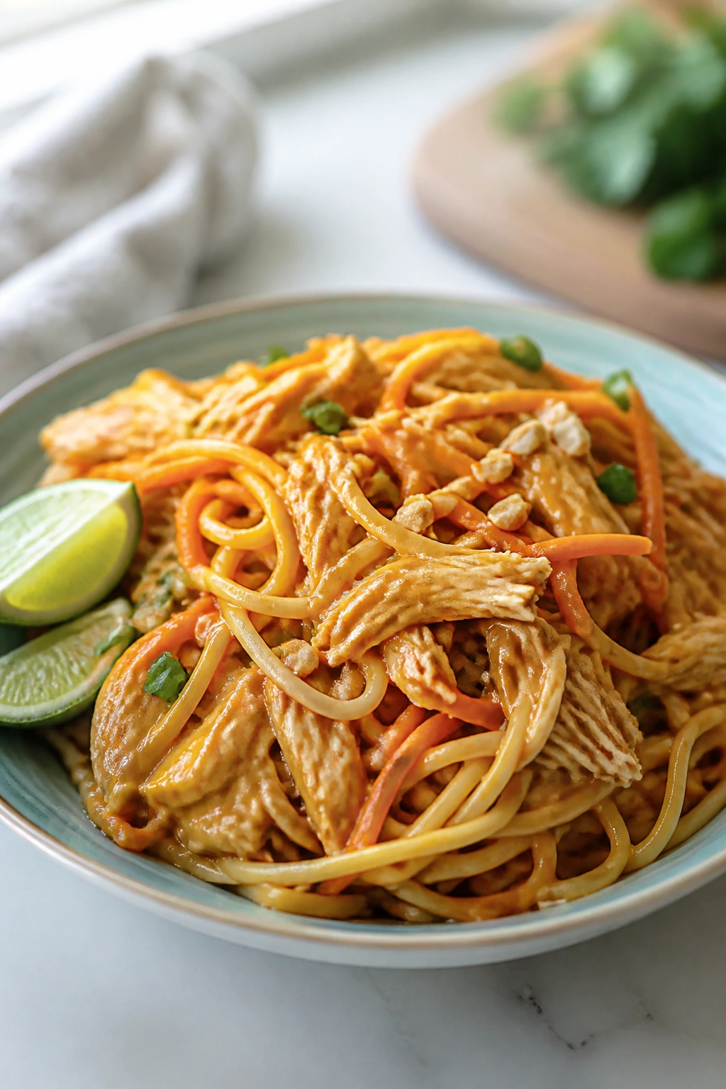 Close-up of chicken satay noodles with peanut sauce