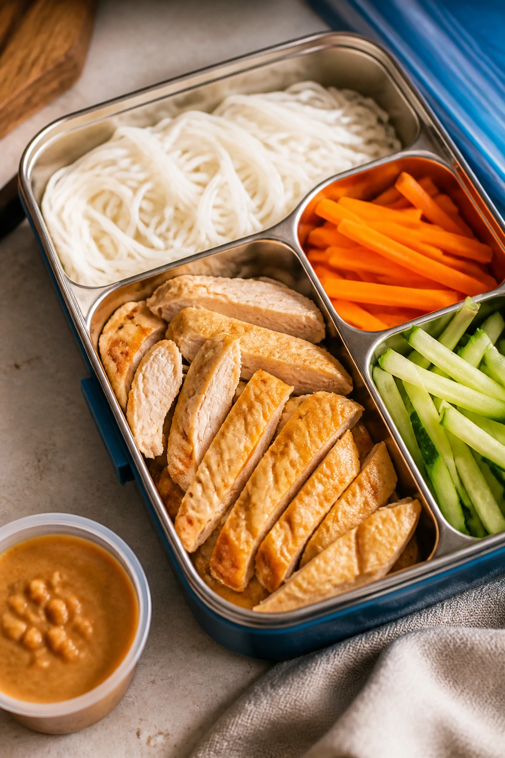 Close-up of Chicken Satay Noodle Boxes with noodles, chicken, carrot and cucumber in a lunch box and peanut sauce cup