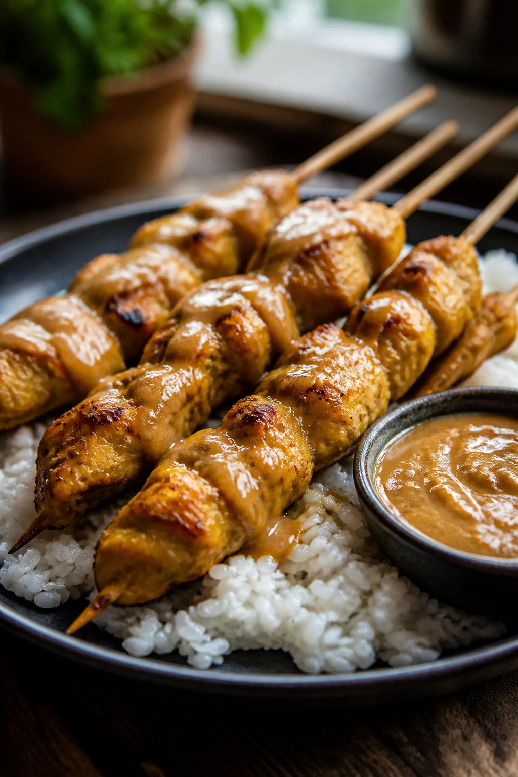 Close-up of chicken satay skewers on rice with peanut sauce in a kitchen
