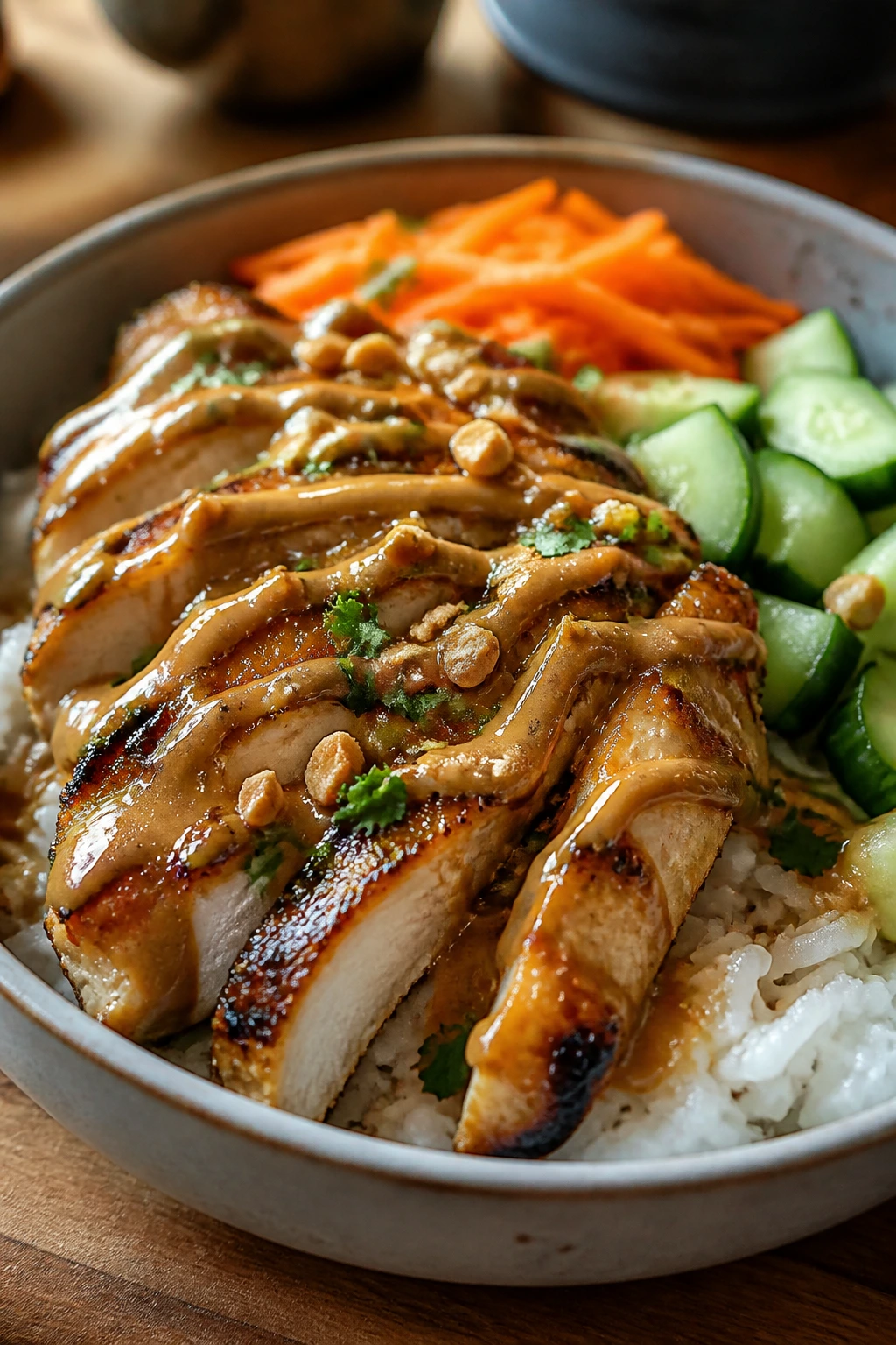 Medium close-up of chicken satay rice bowls with vegetables