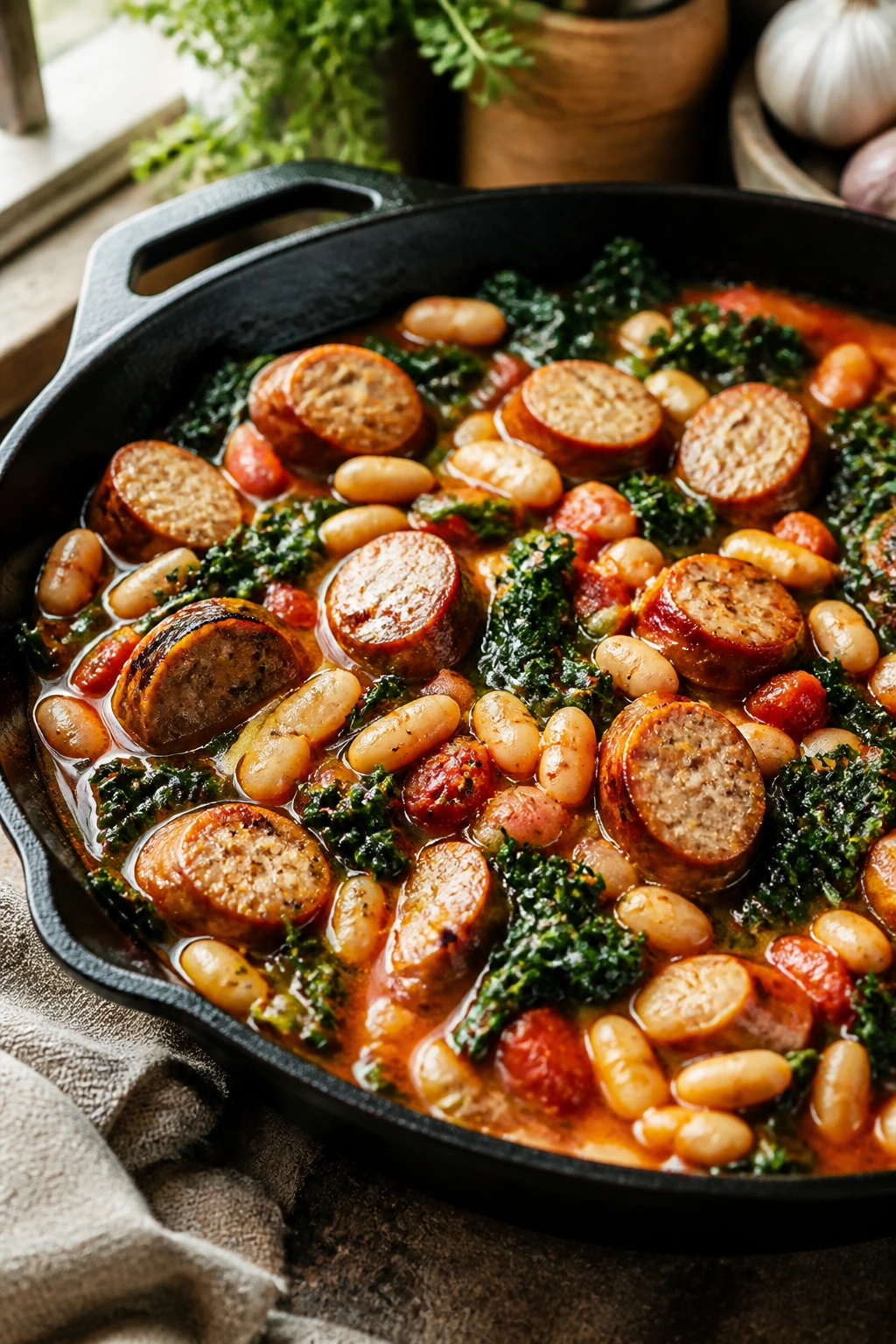 Close-up of chicken sausage and white bean skillet with kale on a rustic wooden counter