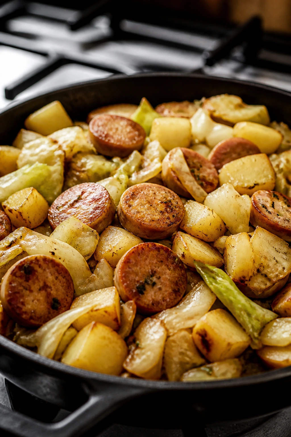 Close-up of chicken sausage cabbage and potatoes in a skillet