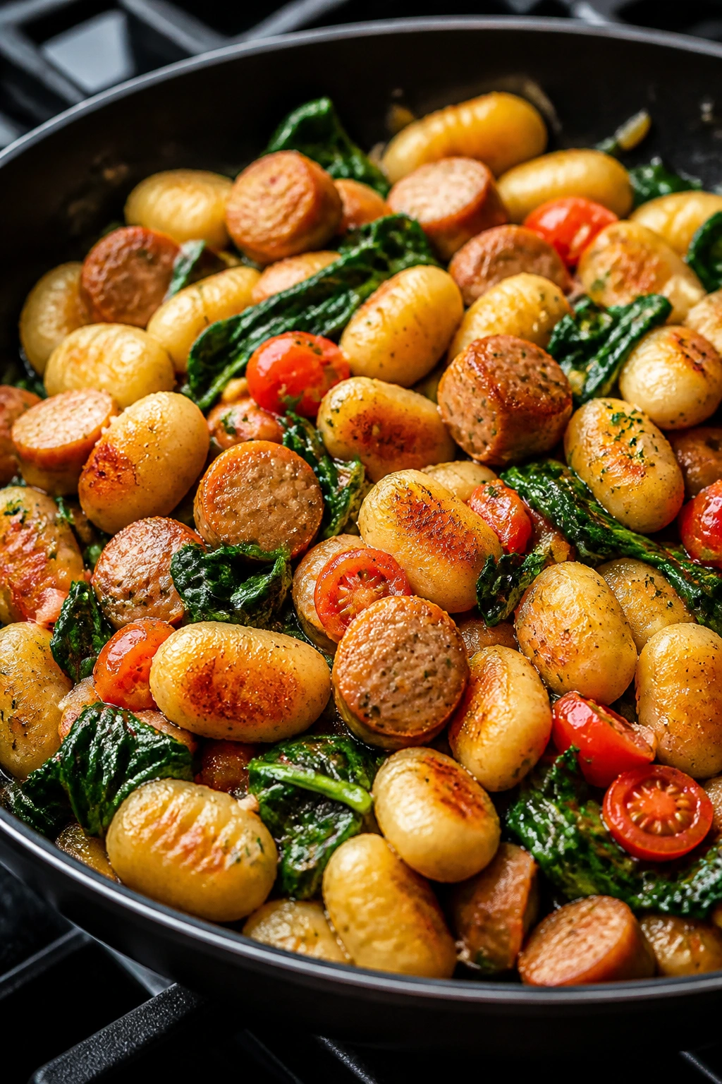 Skillet of gnocchi with chicken sausage and spinach
