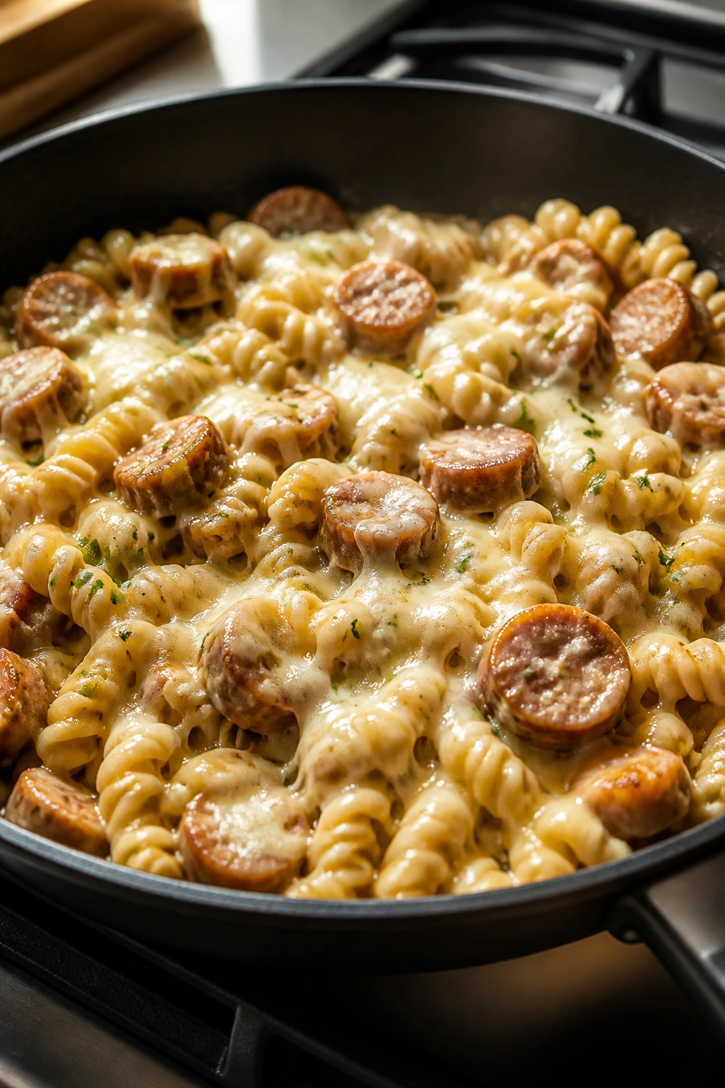 Close-up of chicken sausage pasta in a skillet on a warm kitchen stove.