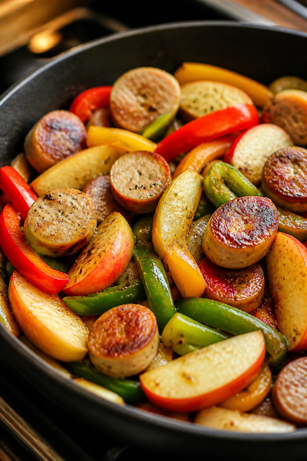 Skillet with chicken sausage peppers and apples in a cozy kitchen