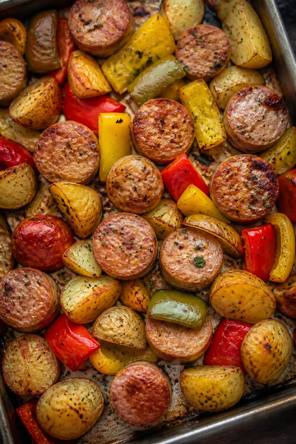 Top-down view of a sheet pan with chicken sausage, peppers, and potatoes