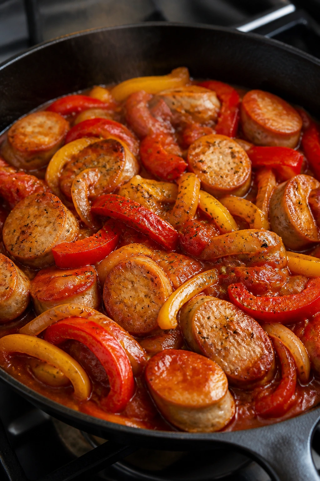 Skillet with chicken sausage, peppers, and onions in tomato sauce filling the frame