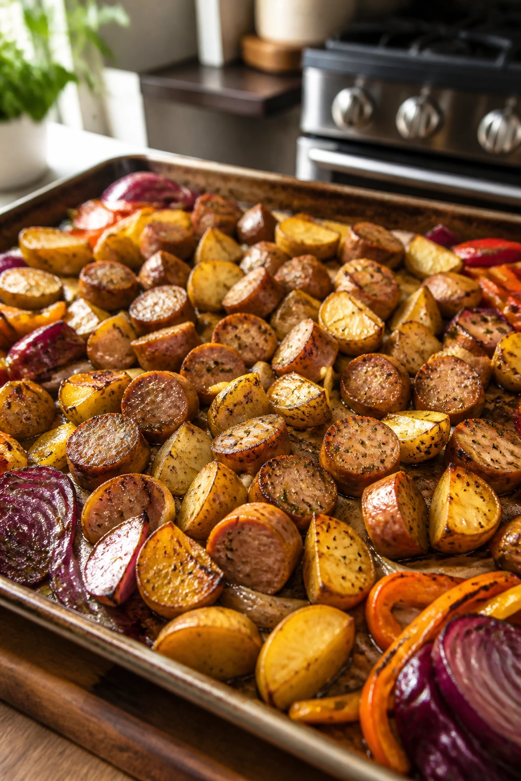 Sheet-pan roasted chicken sausage and potatoes on a kitchen counter