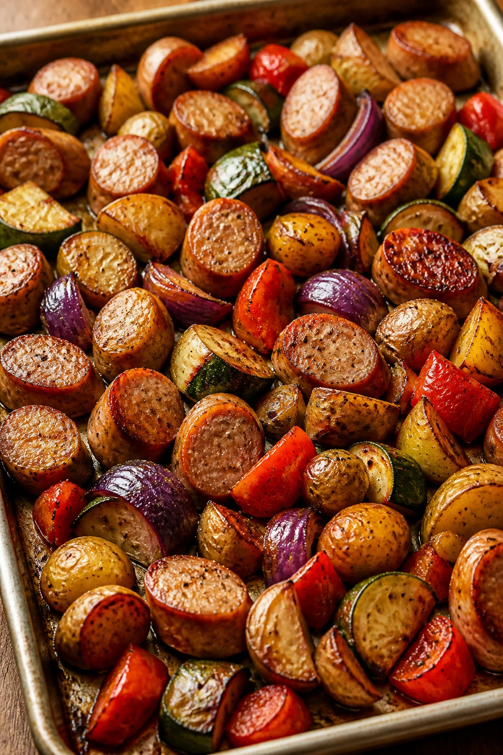 Sheet pan tray bake with sausage and roasted vegetables