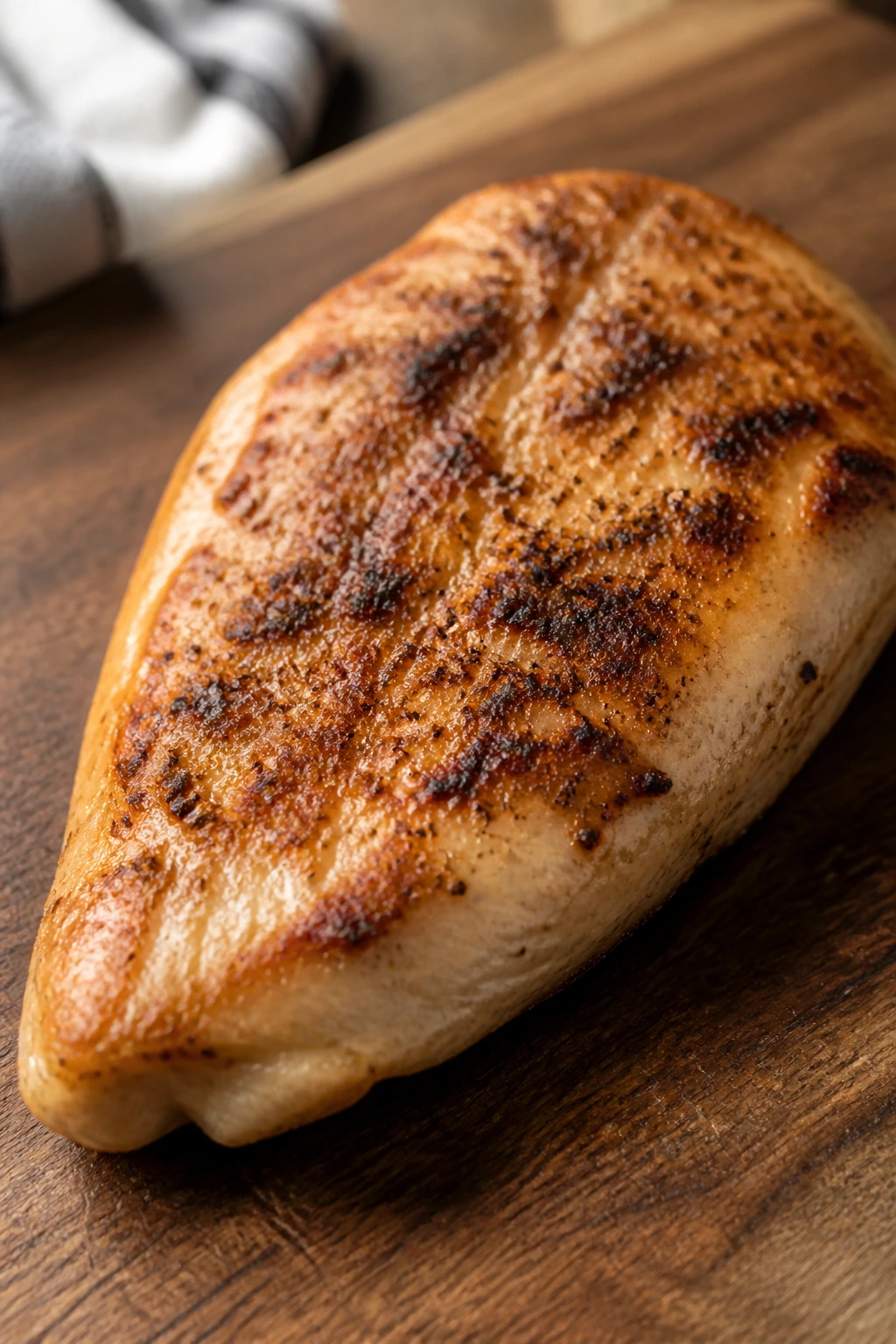 Searing chicken breast with a browned crust on a cutting board