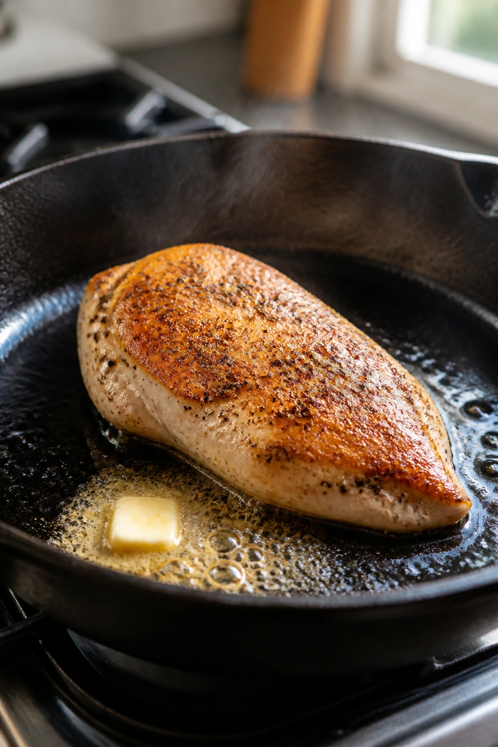 Chicken breast searing in a hot skillet with butter and steam