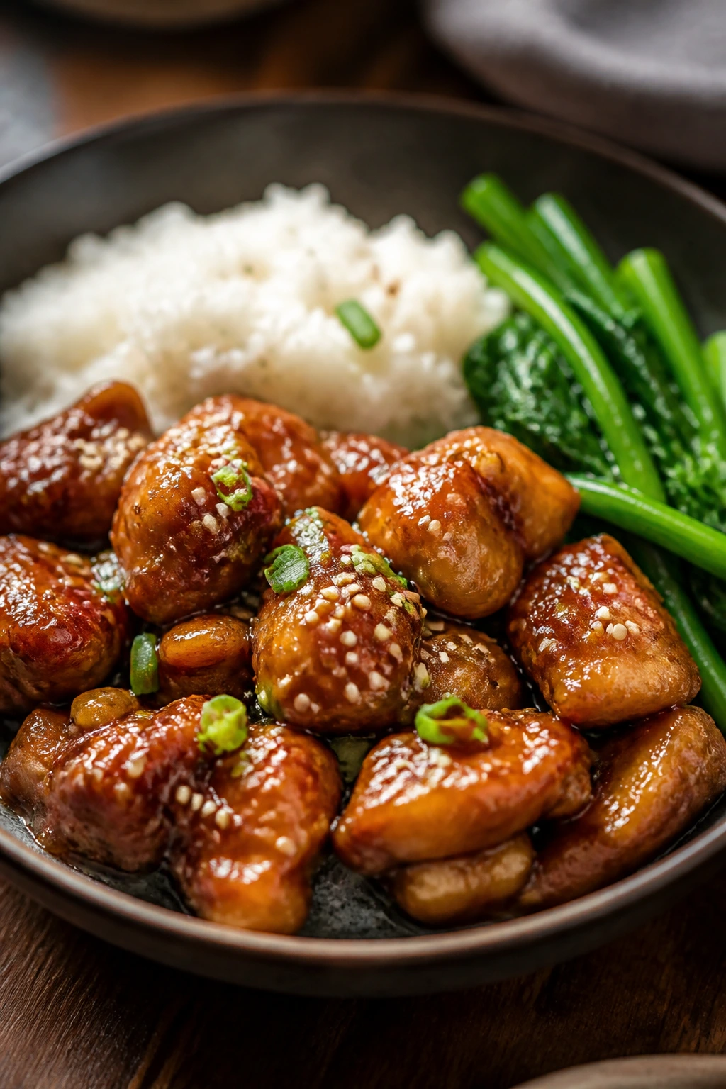 Plate of crispy honey sesame chicken with rice and vegetables