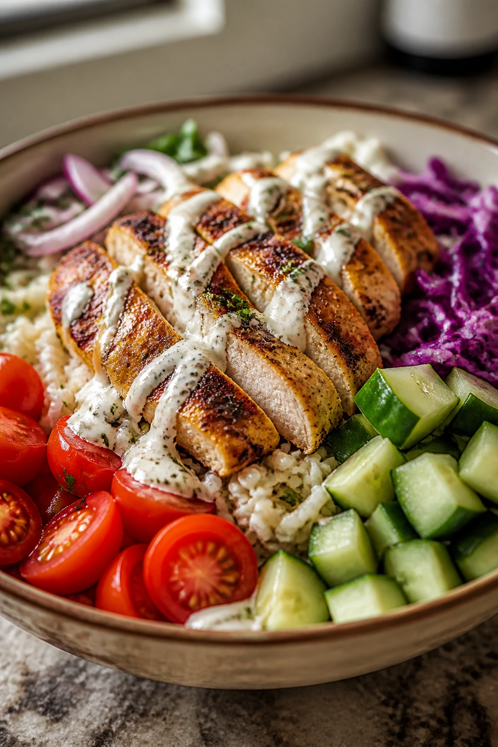 Shawarma bowl with chicken, rice, cucumber, and tomatoes in a kitchen setting