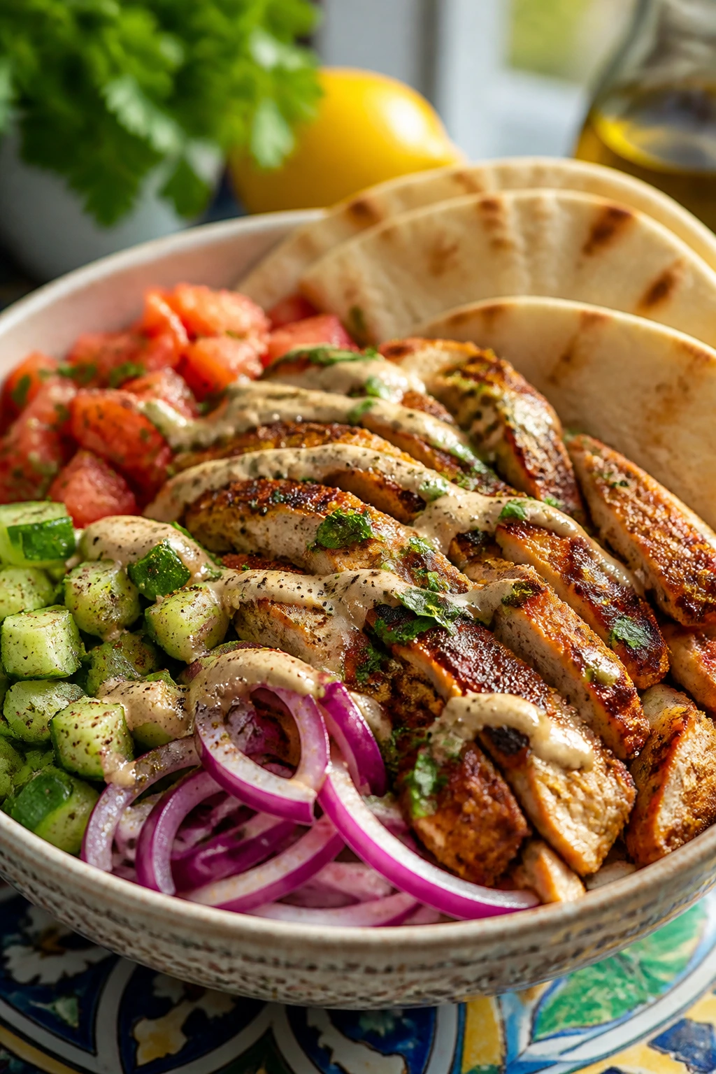 Chicken shawarma bowl with veggies and tahini