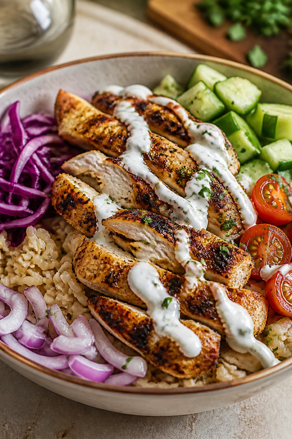 Close-up of chicken shawarma bowl with yogurt sauce and vegetables
