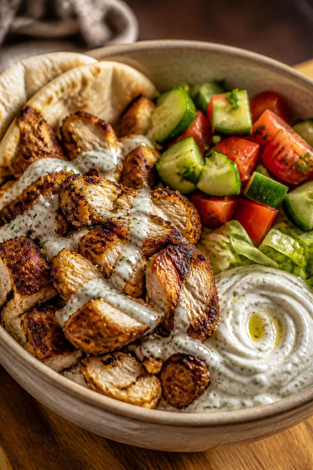 Bowl of chicken shawarma with cucumber tomato salad and yogurt