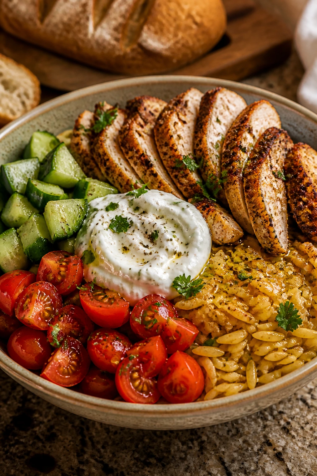 Close-up of chicken shawarma bowls with rice and vegetables