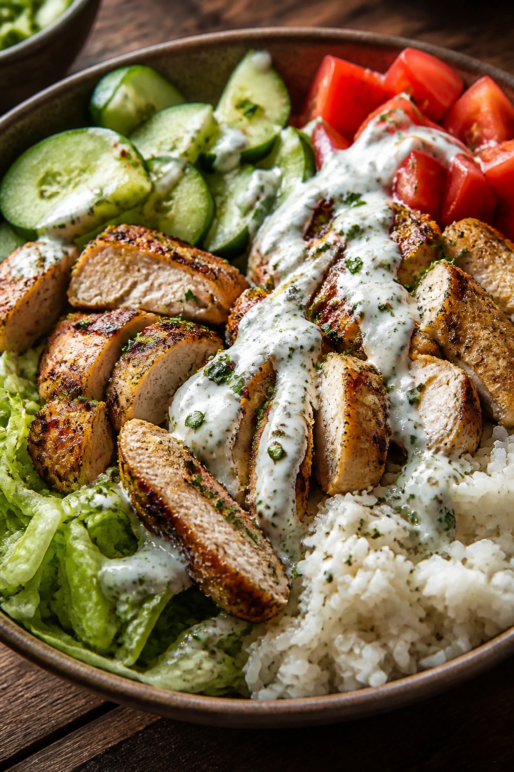 Close-up bowl of chicken shawarma with rice and vegetables