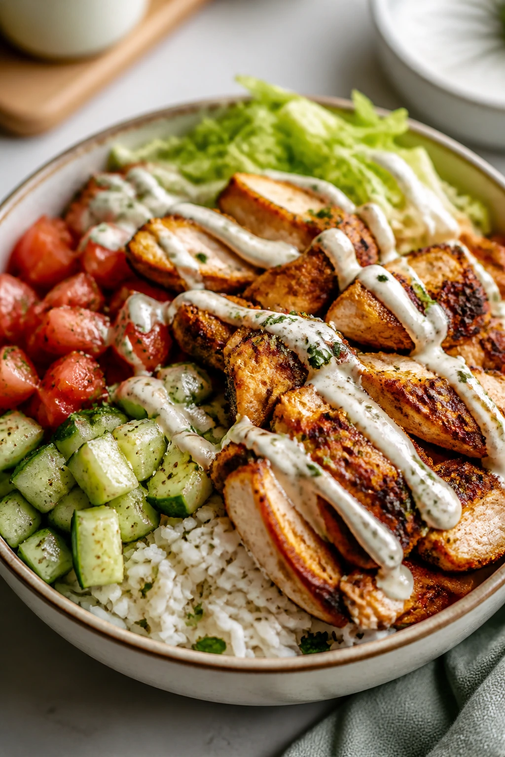 Chicken shawarma bowl with rice, chicken and vegetables