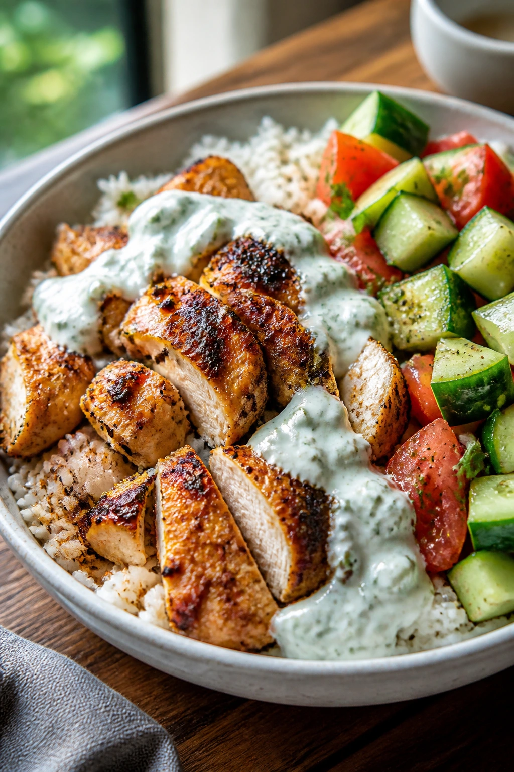 Close-up of chicken shawarma bowls with cumin-spiced chicken, rice, and cucumber-tomato topping