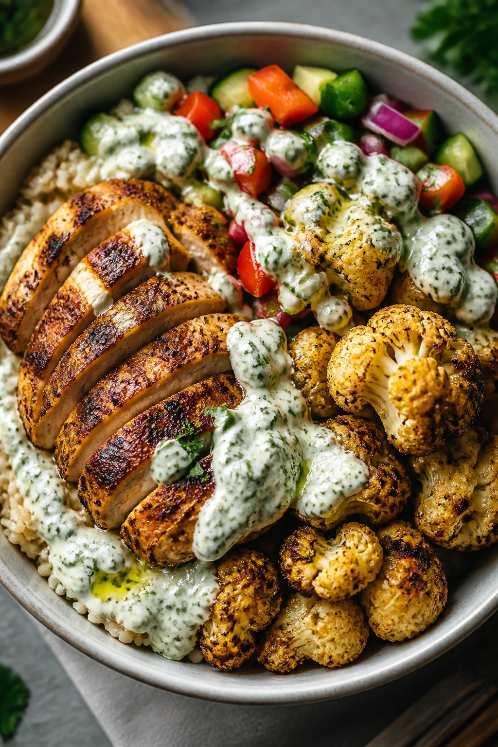 Close-up of chicken shawarma bowl with cauliflower and yogurt